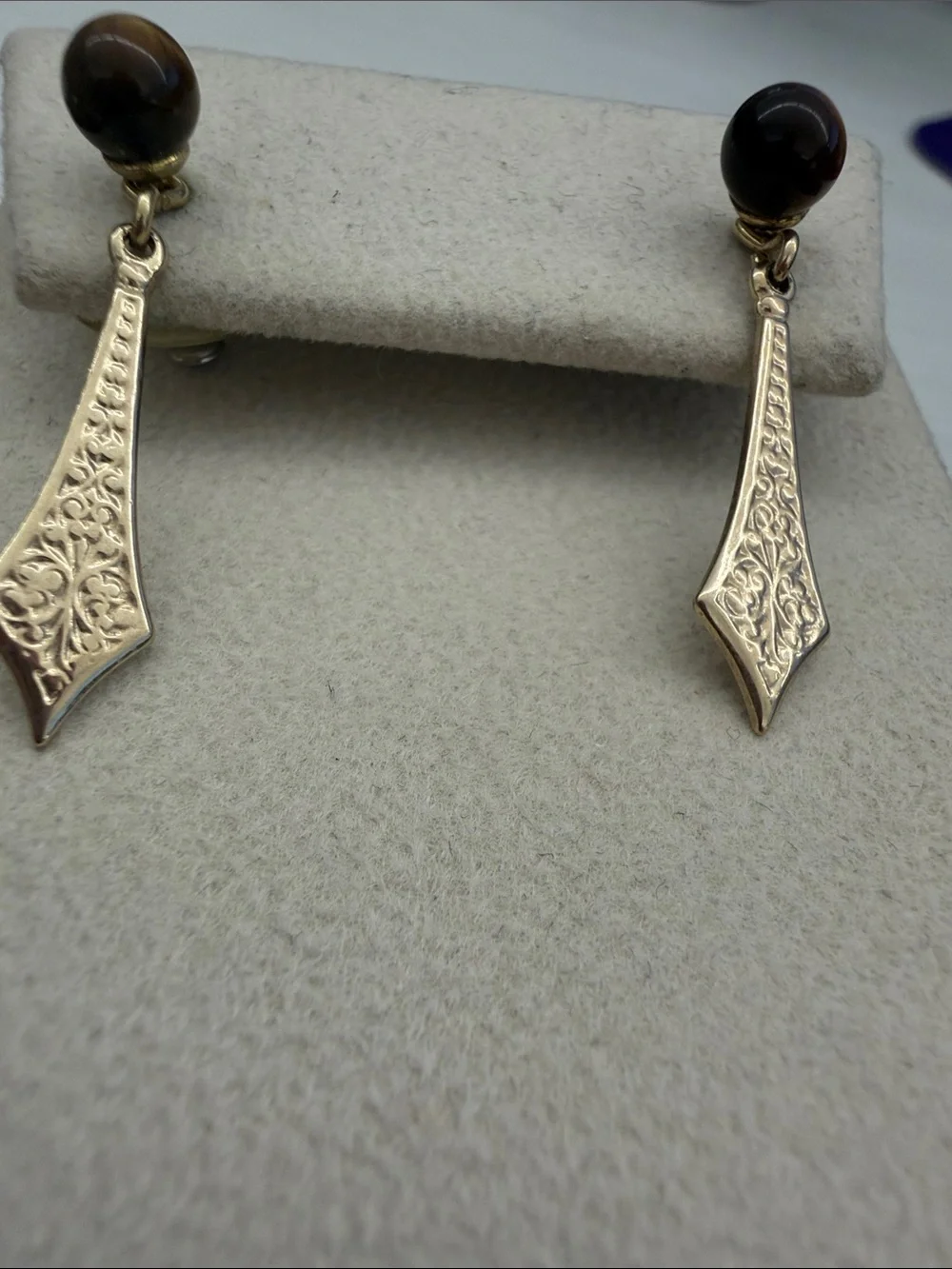 Gold-Tone Drop Earrings with Brown Tiger Eye Accent